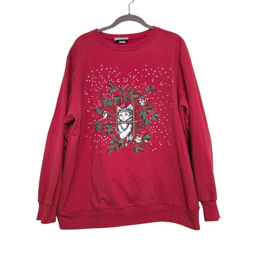 Vintage Cat Christmas Crew Sweatshirt Women XL Grandmacore Red Holiday Kitty 90s